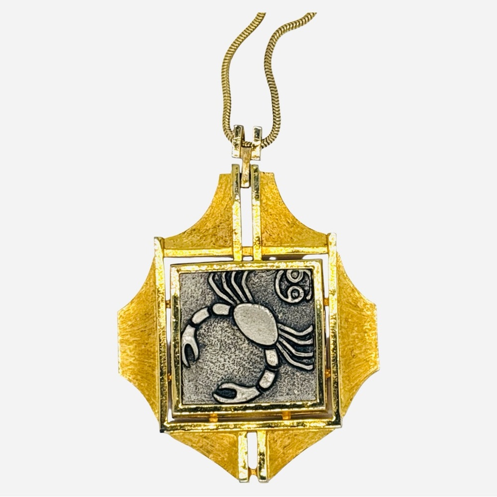 Vintage 1970’s RAZZA CANCER Large Gold and Pewter‎ Zodiac Pendant Necklace